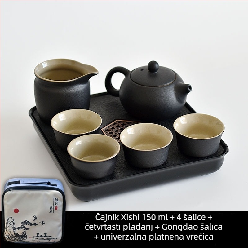 Gongfu set čaja od crne keramike – putno skladištenje, jednostavan set za jedno zalijevanje s bočnom ručkom u japanskom stilu, za studentski dom