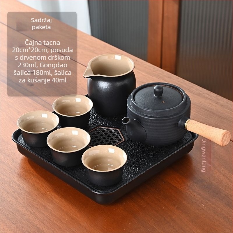 Gongfu set čaja od crne keramike – putno skladištenje, jednostavan set za jedno zalijevanje s bočnom ručkom u japanskom stilu, za studentski dom