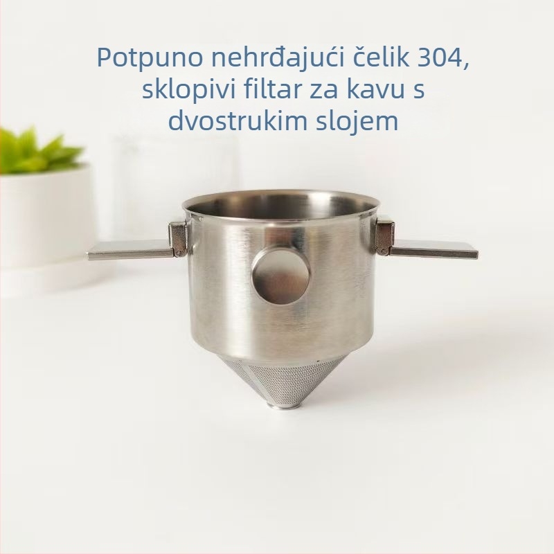 Sklopiva šalica za kavu s dvije ručke, drip tip bez papirnoga filtra, od nehrđajućeg čelika 304, prijenosni ručni uređaj za pripremu kave