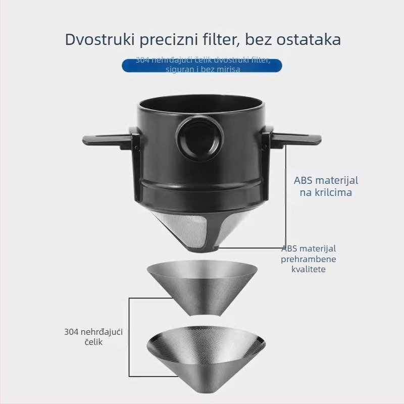 Nehrđajući kavni filter, ponovno upotrebljiv bez papirnoga filtera, prijenosni sklopivi filter za kavu s kukom za kačenje