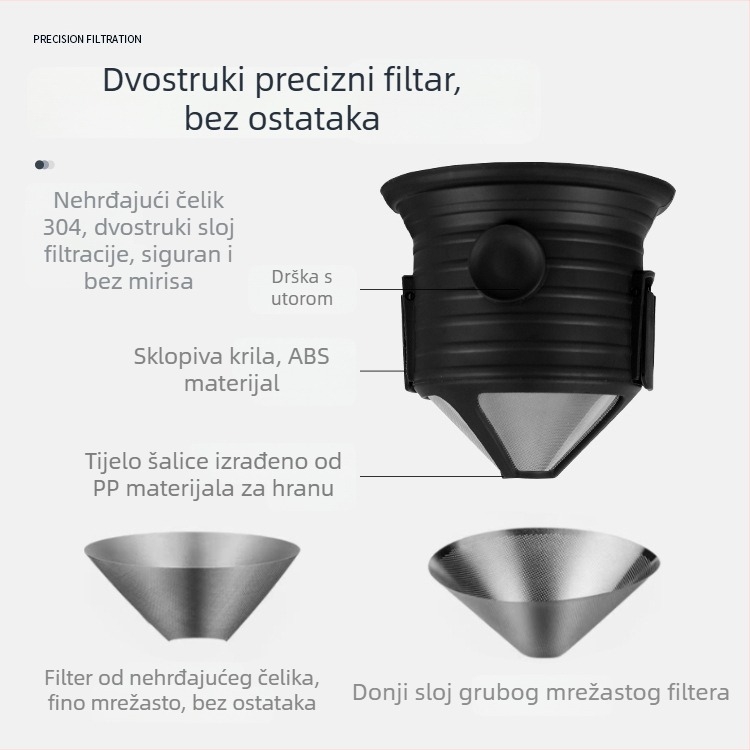 Veliki prijenosni sklopivi filter za kavu od nehrđajućeg čelika sa mrežicom, bez papirnatog filtera