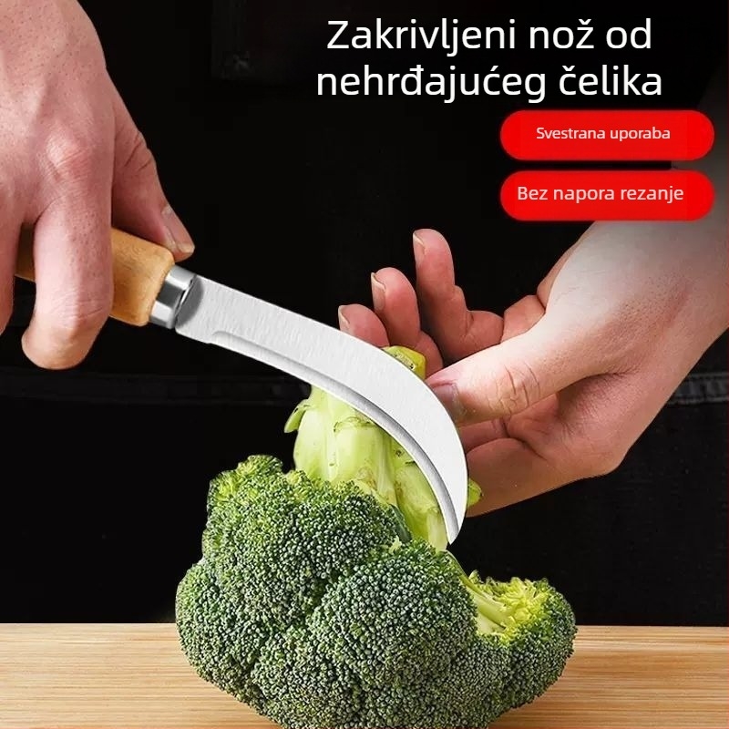 Nerđajući čelik s drvenom drškom, zakrivljeni nož – gulitelj ananasa i voća, višenamjenski nož za banane i sječka poriluka, na skladištu