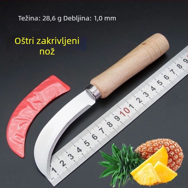 Nerđajući čelik s drvenom drškom, zakrivljeni nož – gulitelj ananasa i voća, višenamjenski nož za banane i sječka poriluka, na skladištu
