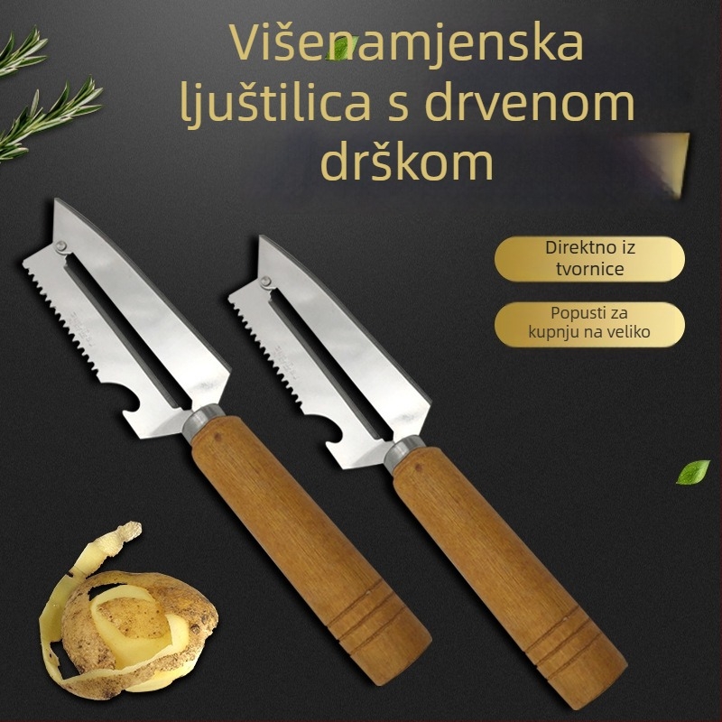 Višenamjenski guljač voća i povrća od nehrđajućeg čelika s drvenom ručkom i alatom za ananas