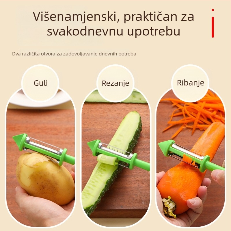 Dugačak držač, 3-u 1 — višefunkcionalna plastična strugalica, rende za dinju i voće, nož za guljenje