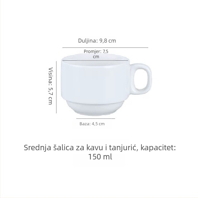 Jednostavan bijeli keramički set šalice za kavu i tanjurića, pogodan za kafiće, urede, hotele i restorane