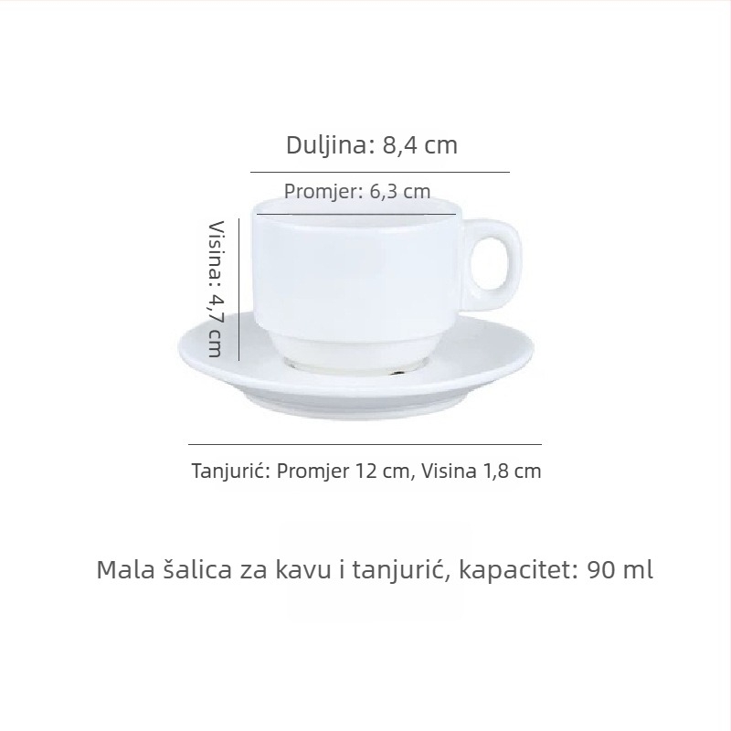 Jednostavan bijeli keramički set šalice za kavu i tanjurića, pogodan za kafiće, urede, hotele i restorane