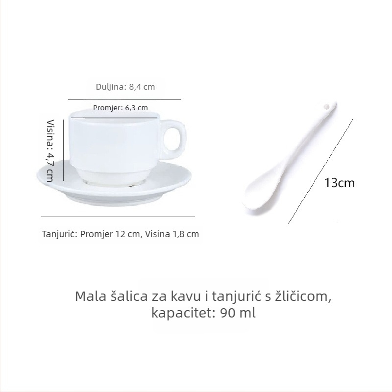 Jednostavan bijeli keramički set šalice za kavu i tanjurića, pogodan za kafiće, urede, hotele i restorane