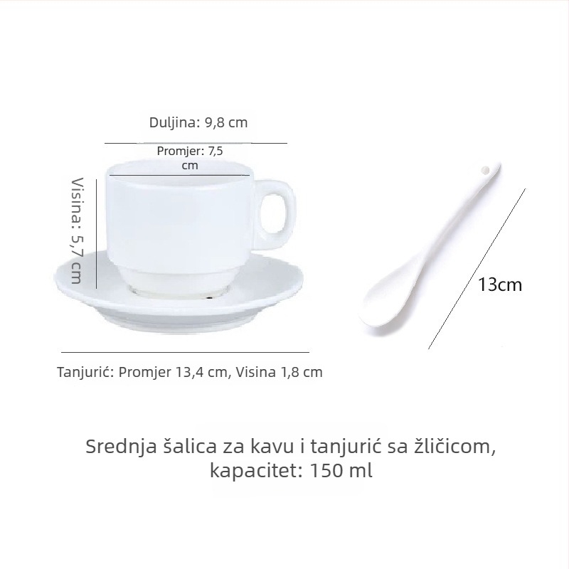 Jednostavan bijeli keramički set šalice za kavu i tanjurića, pogodan za kafiće, urede, hotele i restorane