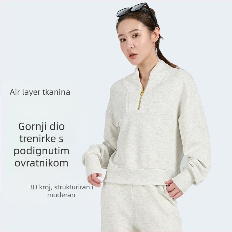 Ženski sportski hoodie s kapuljom, polu-zip, prozračan i udoban, 3D dizajn sloja zraka