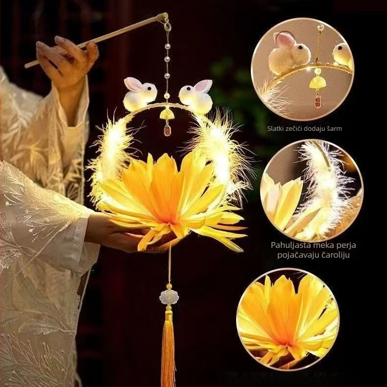 Prijenosni dječji lampion u antičkom stilu za festival sredine jeseni, s motivom zeca i cvjetnim dizajnom, svjetleći okrugli lampion