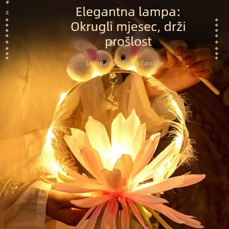 Prijenosni dječji lampion u antičkom stilu za festival sredine jeseni, s motivom zeca i cvjetnim dizajnom, svjetleći okrugli lampion