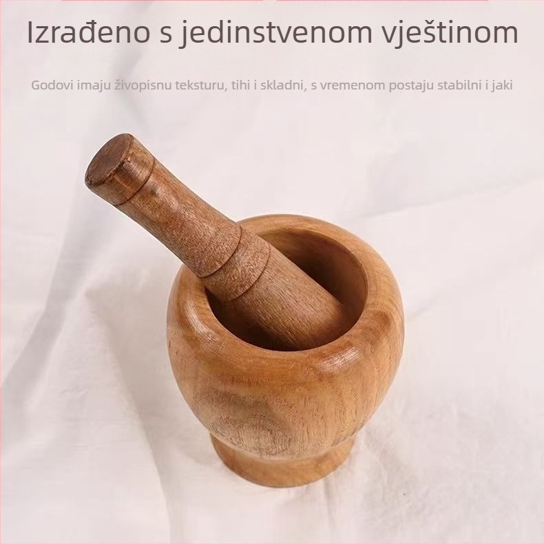 Drveni ručni mortar za češnjak za kućnu upotrebu, klasičan dizajn, višefunkcionalno: preša za češnjak, zdrobitelj, mlinc za češnjak i bilje.