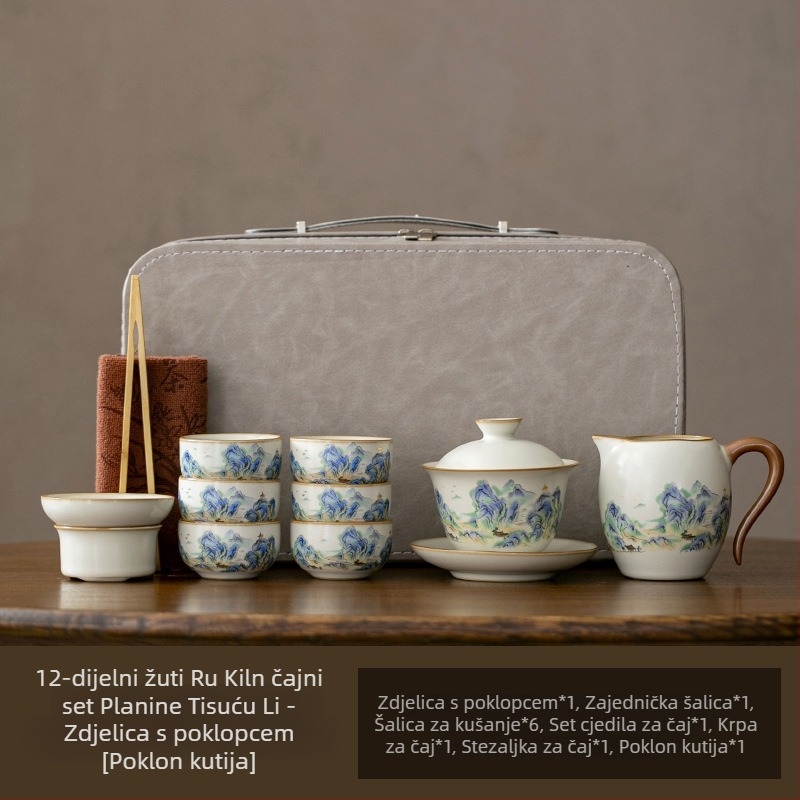 Ru Kiln prijenosni putni set za čaj – keramički čajnik, gaiwan, pladanj za čaj, komplet za darivanje