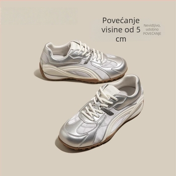 Srebrne ženske sportske tenisice od meke kože s unutarnjim povećanjem visine, proljeće 2026