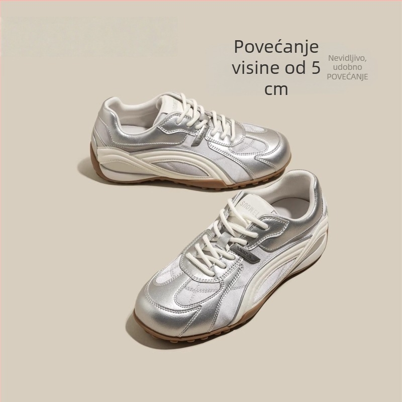 Srebrne ženske sportske tenisice od meke kože s unutarnjim povećanjem visine, proljeće 2026