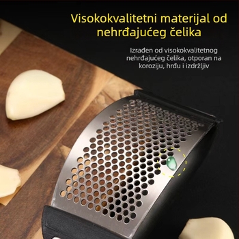 Presa za češnjak od nehrđajućeg čelika — ručna, zakrivljena, s oljuštivačem češnjaka