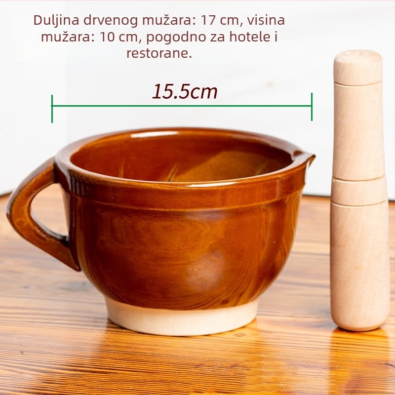 Keramički mortar za češnjak s drvenim pestlom, srednje veličine, višestruka namjena kuhinje