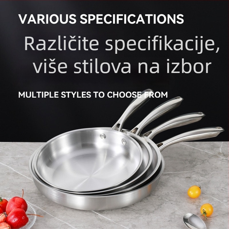 Tiganj od nehrđajućeg čelika s ravnim dnom, ojačan, bez premaza, neprijanjajući, za kućnu upotrebu, idealan za prženje steakova i opću kuhinju, kompatibilan s indukcijskim štednjakom.