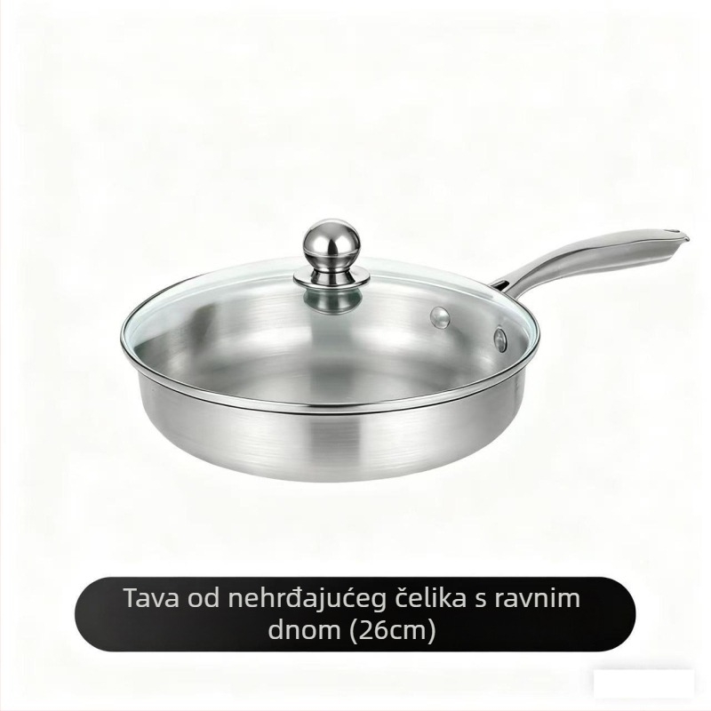 Tiganj od nehrđajućeg čelika s ravnim dnom, ojačan, bez premaza, neprijanjajući, za kućnu upotrebu, idealan za prženje steakova i opću kuhinju, kompatibilan s indukcijskim štednjakom.