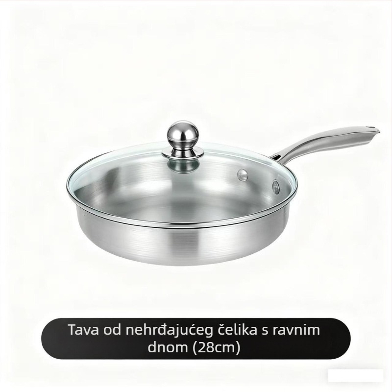 Tiganj od nehrđajućeg čelika s ravnim dnom, ojačan, bez premaza, neprijanjajući, za kućnu upotrebu, idealan za prženje steakova i opću kuhinju, kompatibilan s indukcijskim štednjakom.