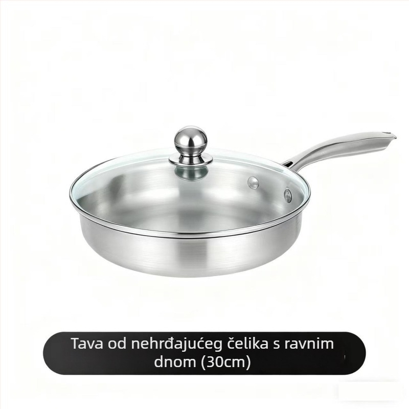 Tiganj od nehrđajućeg čelika s ravnim dnom, ojačan, bez premaza, neprijanjajući, za kućnu upotrebu, idealan za prženje steakova i opću kuhinju, kompatibilan s indukcijskim štednjakom.