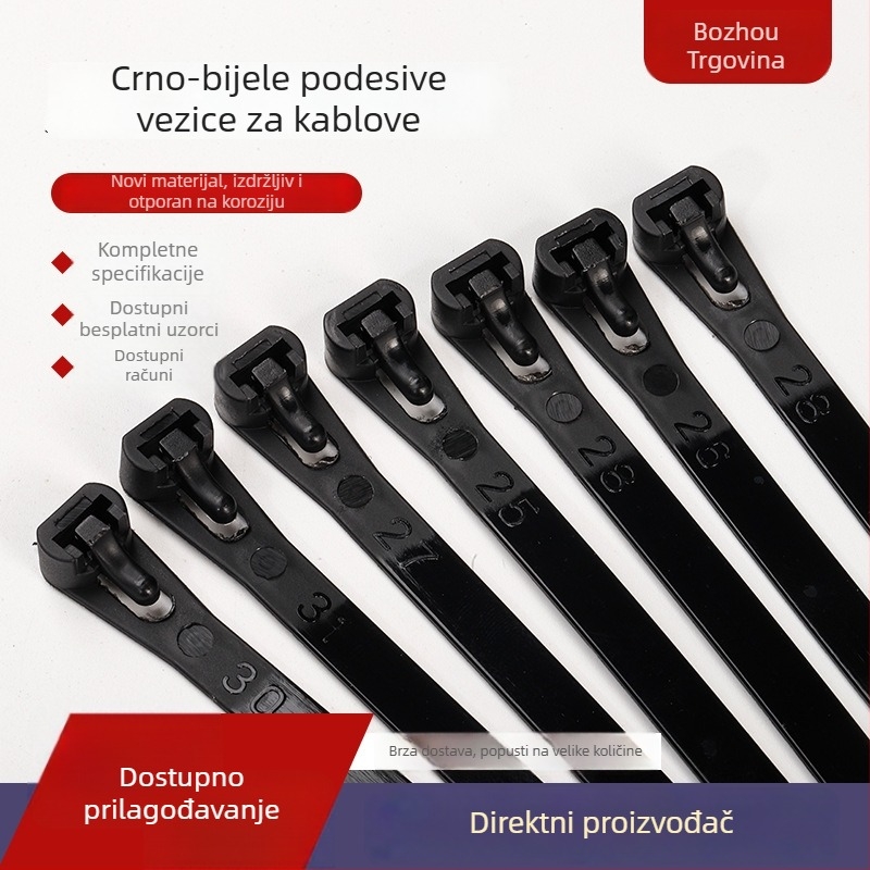 Ponovno upotrebljive najlonske vezice za kablove, crno‑bijele, debeli plastični držači, veličine 4.8mm x 300–350mm, 4.8mm x 200mm, 3.6mm x 150–200mm, 4.8mm x 250mm