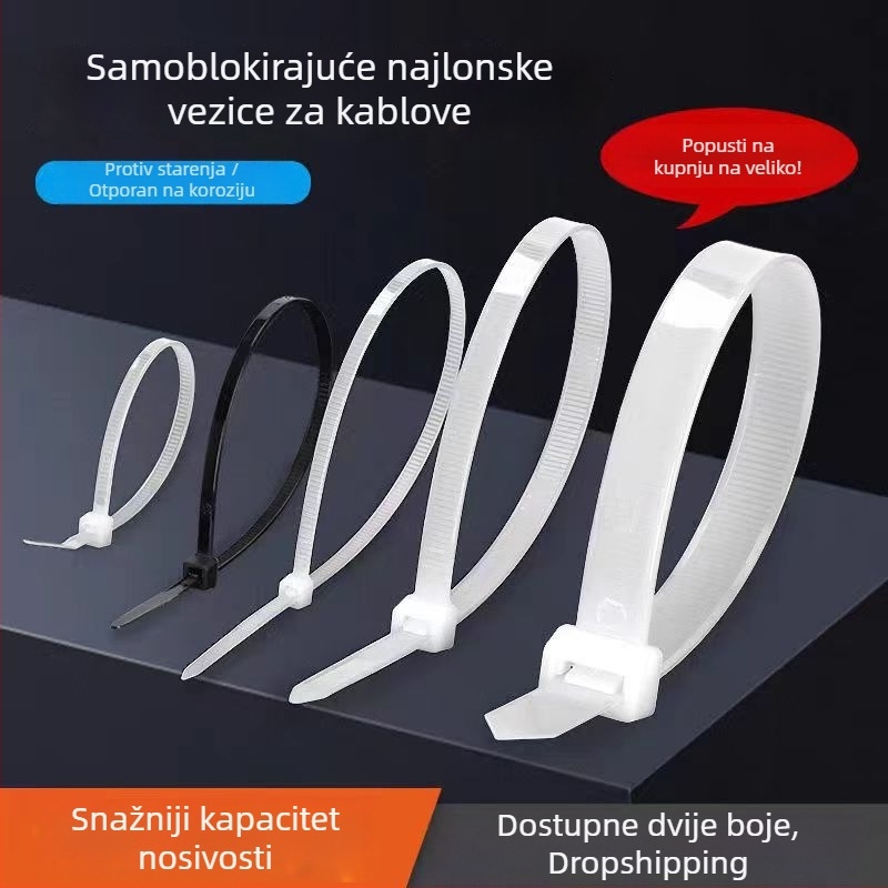 Ponovno upotrebljive najlonske vezice za kablove, crno‑bijele, debeli plastični držači, veličine 4.8mm x 300–350mm, 4.8mm x 200mm, 3.6mm x 150–200mm, 4.8mm x 250mm