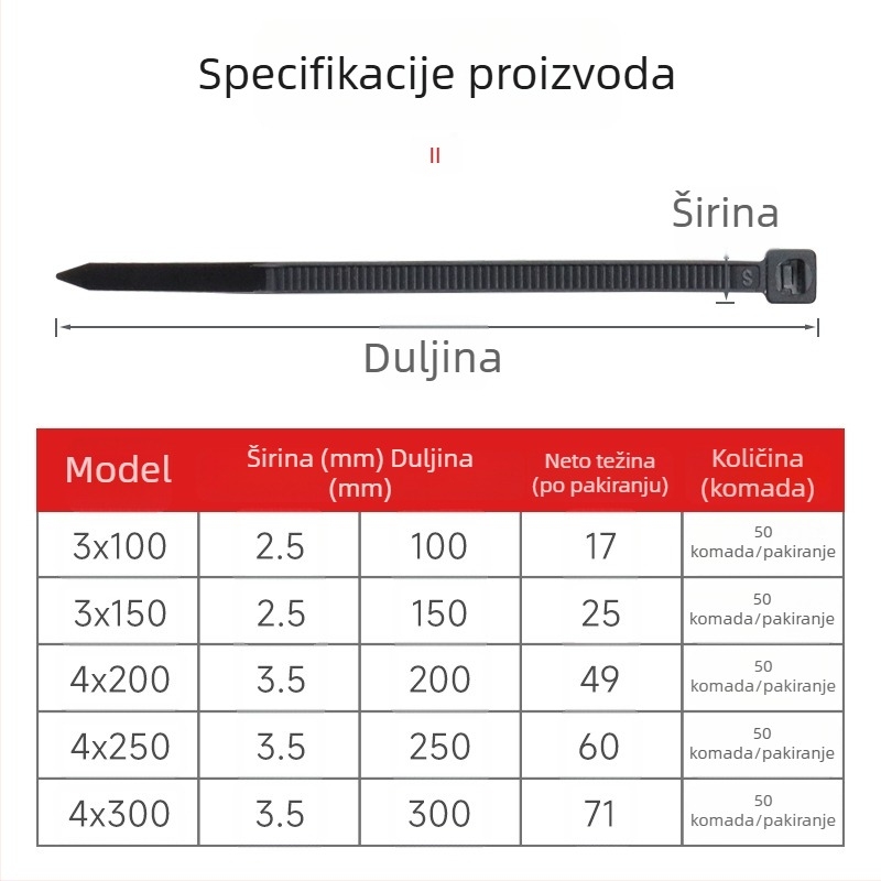 Najlonske kabelske trake s automatskim zaključavanjem, 2,5 mm × 150 mm, pakiranje 50 komada