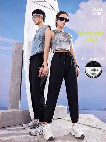 Pantalone za zaštitu od sunca i repelent protiv komaraca, jogger kroj, ice-silk tkanina, brzo suše, crne, visokim strukom, laskaju siluetu