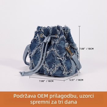 Denim bucket torba, mala veličina, s crossbody remenom i unutarnjim džepom na zip