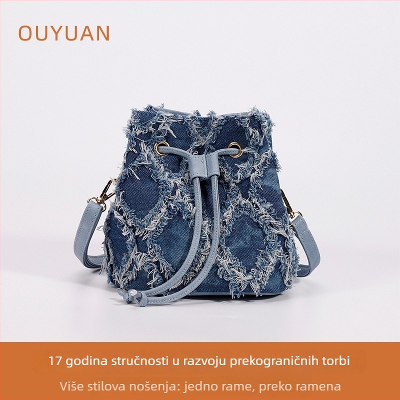 Denim bucket torba, mala veličina, s crossbody remenom i unutarnjim džepom na zip