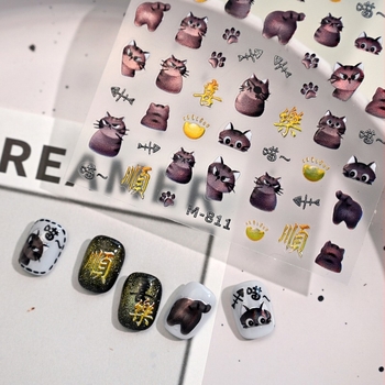 Nokti naljepnice M810 sa sretnom mačkom, emoji mačke i crtani mačji lica, laserski efekt