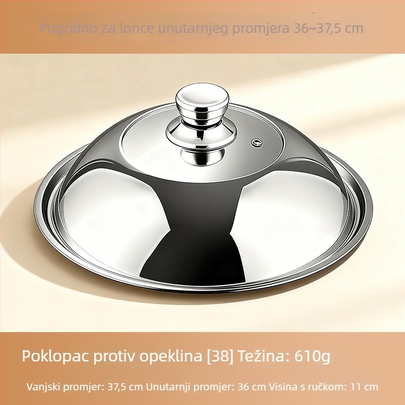 Poklop od nehrđajućeg čelika 304 za kuhinju, kućna upotreba; kompatibilan sa posudama za parenje i tiganjima; podignut, proziran dizajn; zaštita od opeklina, sprječavanje prelijevanja, otporan na hrđu.