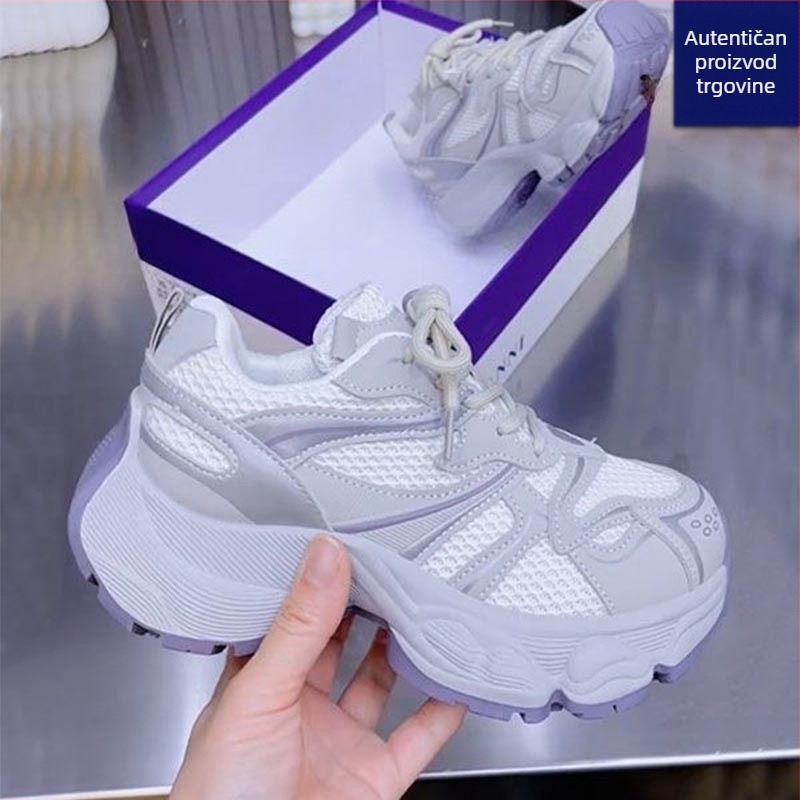 Ženske dad sneakers, proljeće-ljeto 2025, mrežasti gornji dio, prozračne, debela potplat za povećanje visine, svakodnevne sportske tenisice