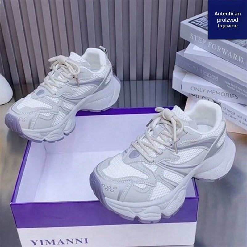 Ženske dad sneakers, proljeće-ljeto 2025, mrežasti gornji dio, prozračne, debela potplat za povećanje visine, svakodnevne sportske tenisice