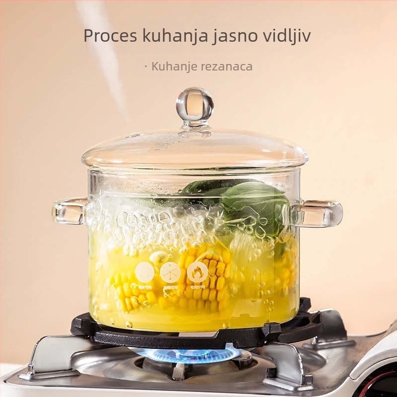 Lonac od borosilikatnog stakla za otvoreni plamen, otporan na visoke temperature; mali lonac za mlijeko i prozirni lonac za juhe, pogodan za plin ili keramičku ploču, kapacitet 1–2 L