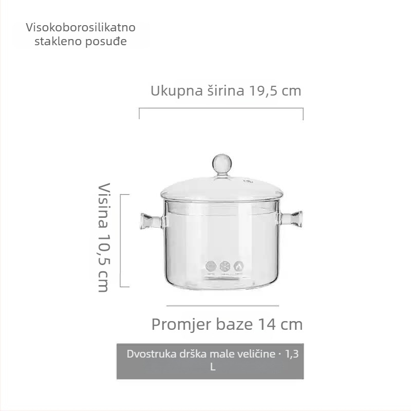 Lonac od borosilikatnog stakla za otvoreni plamen, otporan na visoke temperature; mali lonac za mlijeko i prozirni lonac za juhe, pogodan za plin ili keramičku ploču, kapacitet 1–2 L