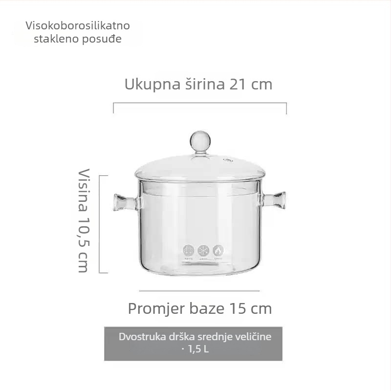 Lonac od borosilikatnog stakla za otvoreni plamen, otporan na visoke temperature; mali lonac za mlijeko i prozirni lonac za juhe, pogodan za plin ili keramičku ploču, kapacitet 1–2 L