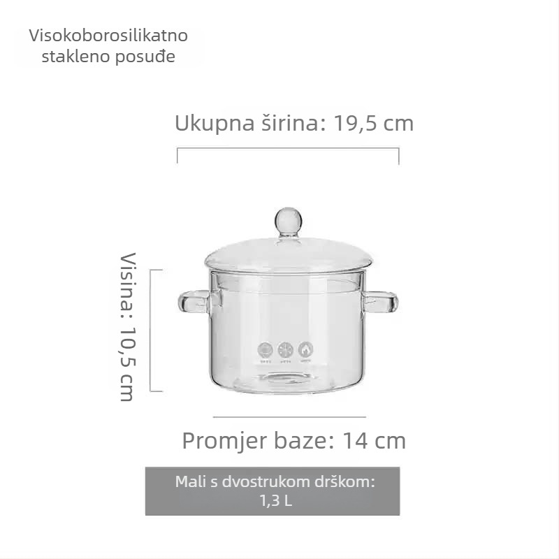Lonac od borosilikatnog stakla za otvoreni plamen, otporan na visoke temperature; mali lonac za mlijeko i prozirni lonac za juhe, pogodan za plin ili keramičku ploču, kapacitet 1–2 L