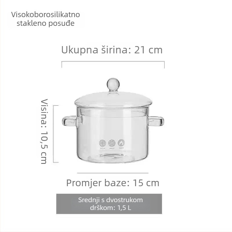 Lonac od borosilikatnog stakla za otvoreni plamen, otporan na visoke temperature; mali lonac za mlijeko i prozirni lonac za juhe, pogodan za plin ili keramičku ploču, kapacitet 1–2 L