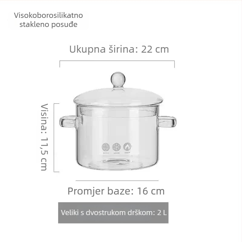 Lonac od borosilikatnog stakla za otvoreni plamen, otporan na visoke temperature; mali lonac za mlijeko i prozirni lonac za juhe, pogodan za plin ili keramičku ploču, kapacitet 1–2 L