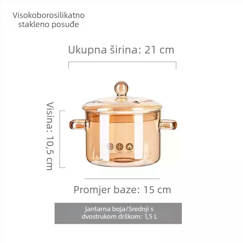 Lonac od borosilikatnog stakla za otvoreni plamen, otporan na visoke temperature; mali lonac za mlijeko i prozirni lonac za juhe, pogodan za plin ili keramičku ploču, kapacitet 1–2 L
