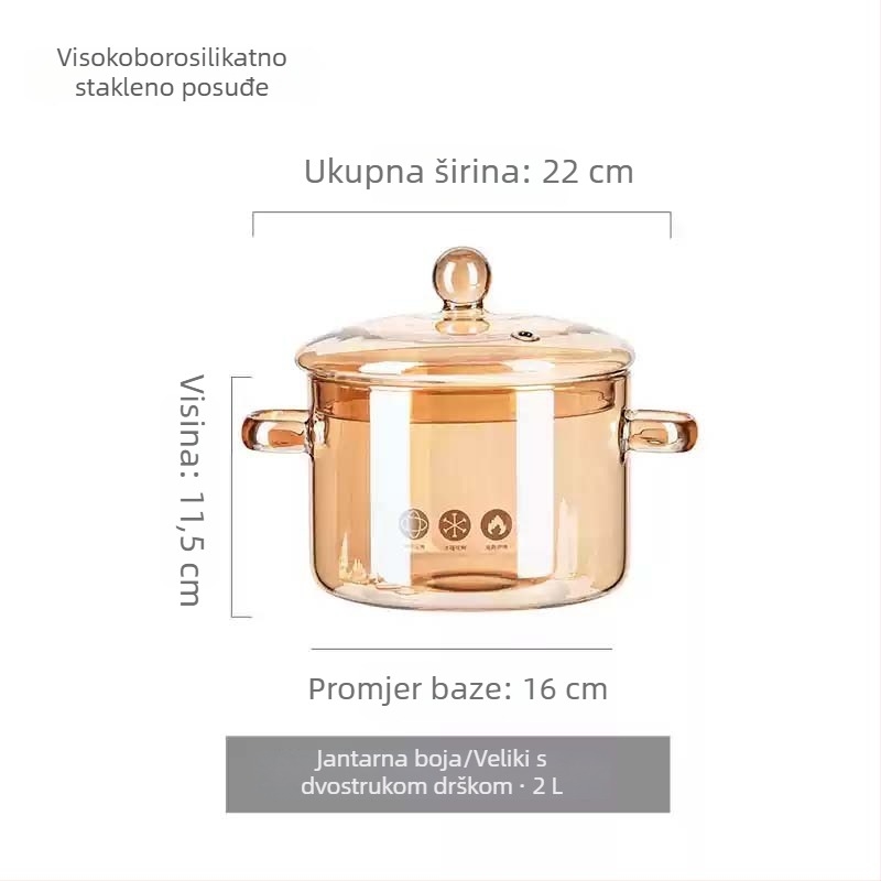 Lonac od borosilikatnog stakla za otvoreni plamen, otporan na visoke temperature; mali lonac za mlijeko i prozirni lonac za juhe, pogodan za plin ili keramičku ploču, kapacitet 1–2 L