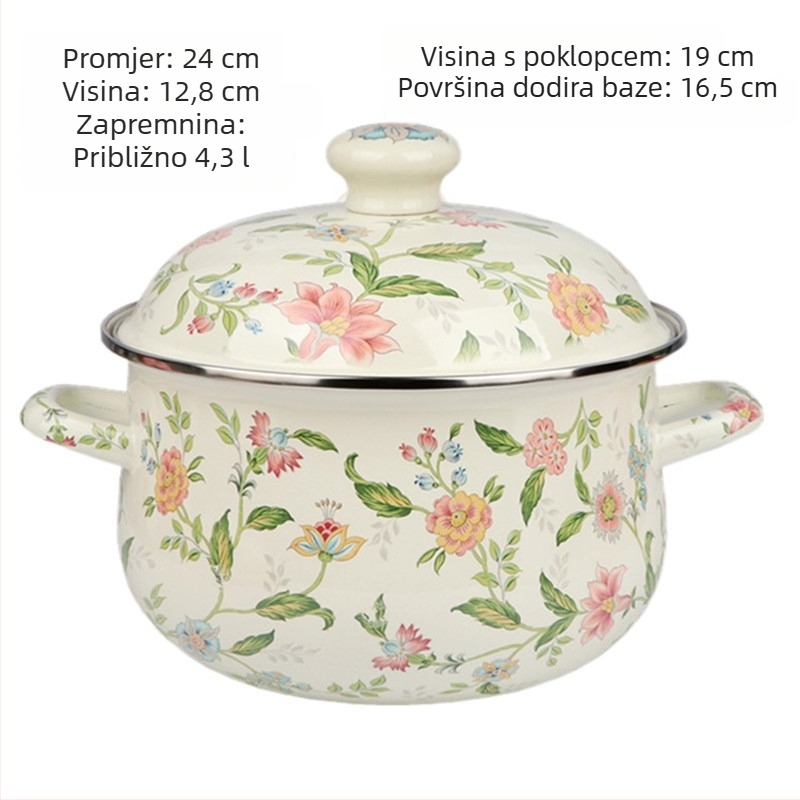 Emalirani lonac za juhu s dvije ručke, debelim ravnim dnom, pogodan za plin i indukciju