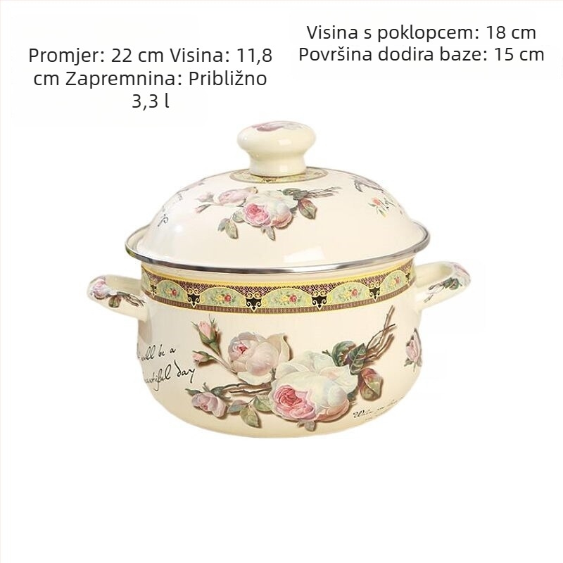 Emalirani lonac za juhu s dvije ručke, debelim ravnim dnom, pogodan za plin i indukciju