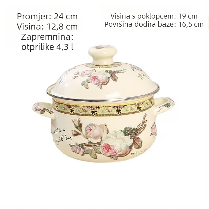 Emalirani lonac za juhu s dvije ručke, debelim ravnim dnom, pogodan za plin i indukciju