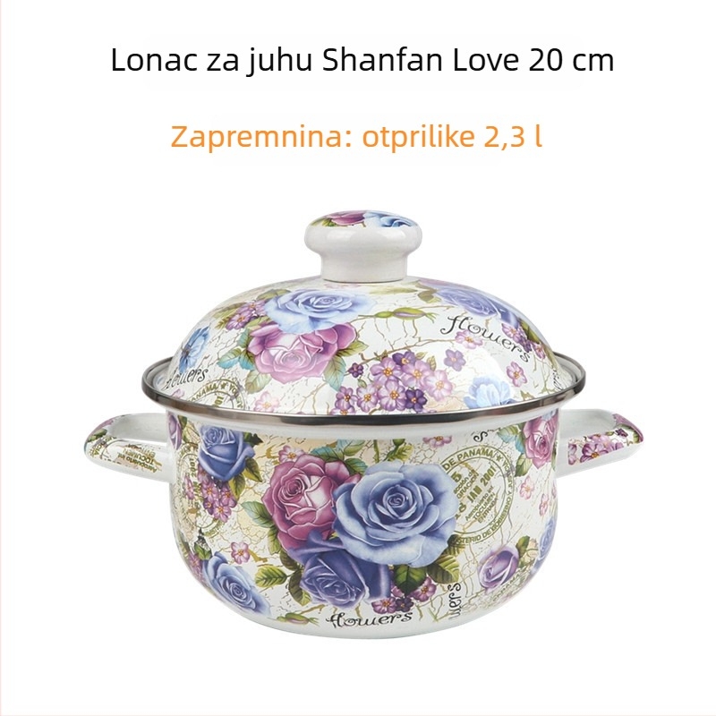 Emalirani lonac za juhu s dvije ručke, debelim ravnim dnom, pogodan za plin i indukciju