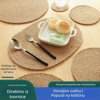 Kružni komplet termički izoliranih podmetača za stol od lana i slame, s podmetačima za čaše, tanjure i poklopce za lonce, ekološki