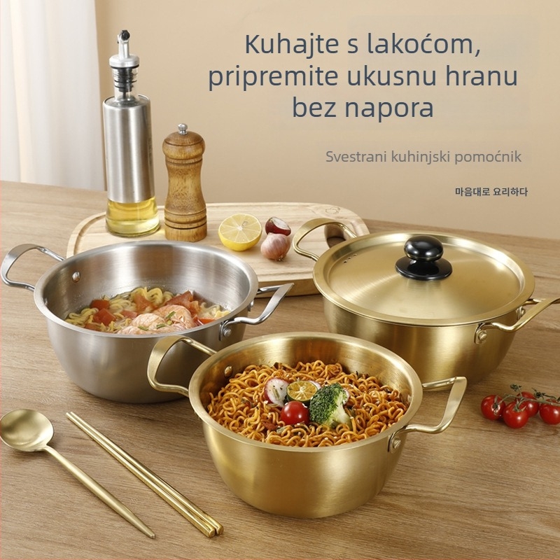 Nerđajući čelik, korejskog stila lonac za rezance, s dvostrukim držačima, porcija za jednu osobu, mali lonac za juhe, za plin i indukciju